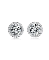 Sterling Silver Round Cubic Zirconia Milgrain Set Halo Stud Earrings