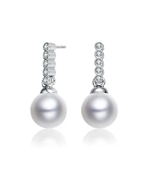 Sterling Silver with White Gold Plated White Round Pearl with Clear Round Cubic Zirconia Drop Earrings