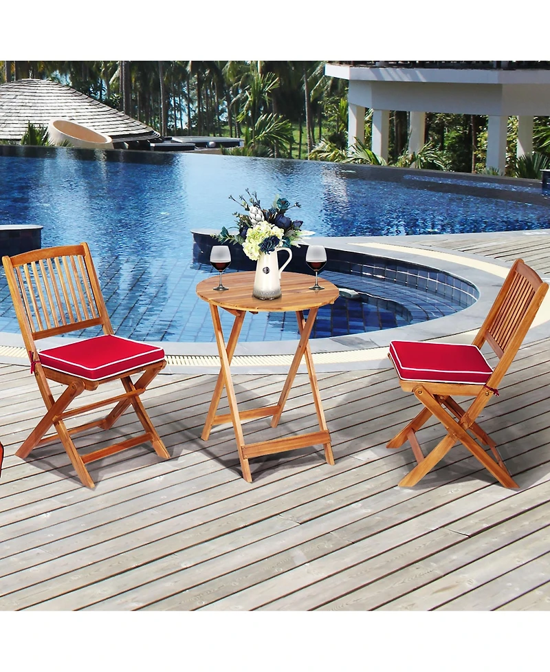 3PCS Patio Folding Wooden Bistro Set Cushioned Chair Conversation Garden