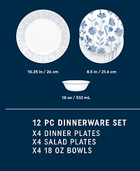 Corelle Botanical Stripes 12 Pc. Dinnerware Set, Service for 4