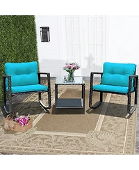 3PC Patio Rattan Conversation Set Rocking Chair Cushioned