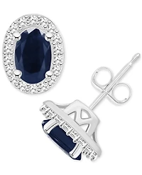 Emerald (1 ct. t.w.) & Diamond (1/6 Halo Stud Earrings Sterling Silver (Also Ruby Sapphire)