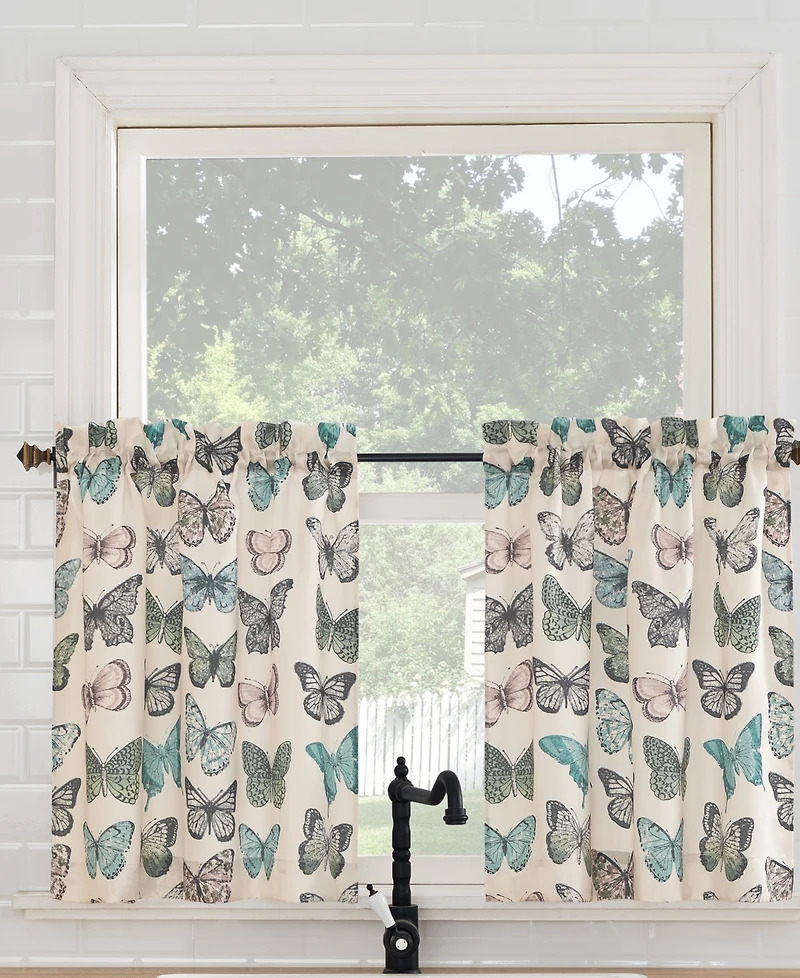 Magdalena Butterfly Print Sheer Rod Pocket Kitchen Curtain Tier Pair