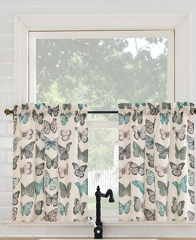 Magdalena Butterfly Print Sheer Rod Pocket Kitchen Curtain Tier Pair