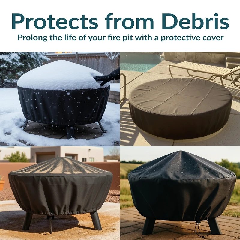 Round Outdoor Fire Pit Cover - Heavy-Duty 300D Polyester and Pvc with Drawstring Closure - Black - 48-Inch