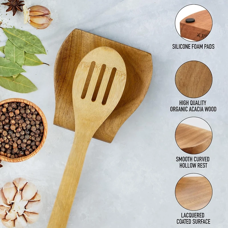 Zulay Kitchen Wood Spoon Rest For Kitchen - Smooth Wooden Spoon Holder For Stovetop