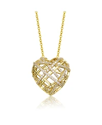 Sterling Silver 14k Yellow Gold Plated with Cubic Zirconia Knotted Ribbon 3D Puffed Heart Pendant Necklace