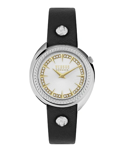 Versus Versace Women's Tortona Crystal 2 Hand Quartz Black Genuine Leather Watch, 38mm