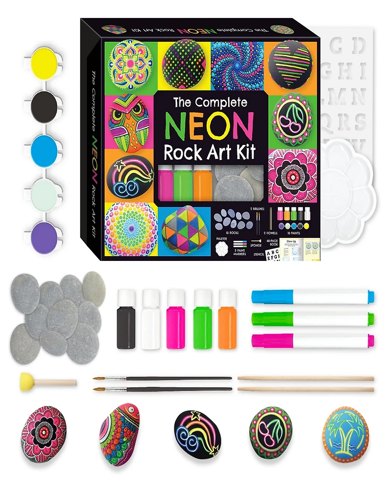 The Complete Neon Rock Art Kit Diy Rock Painting For Kids, Rocks, Brushes, Paint, Stencils included 19 Easy-To-Follow Projects