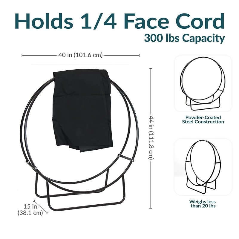 Sunnydaze Decor in Powder-Coated Steel Firewood Log Hoop Rack with Black Cover