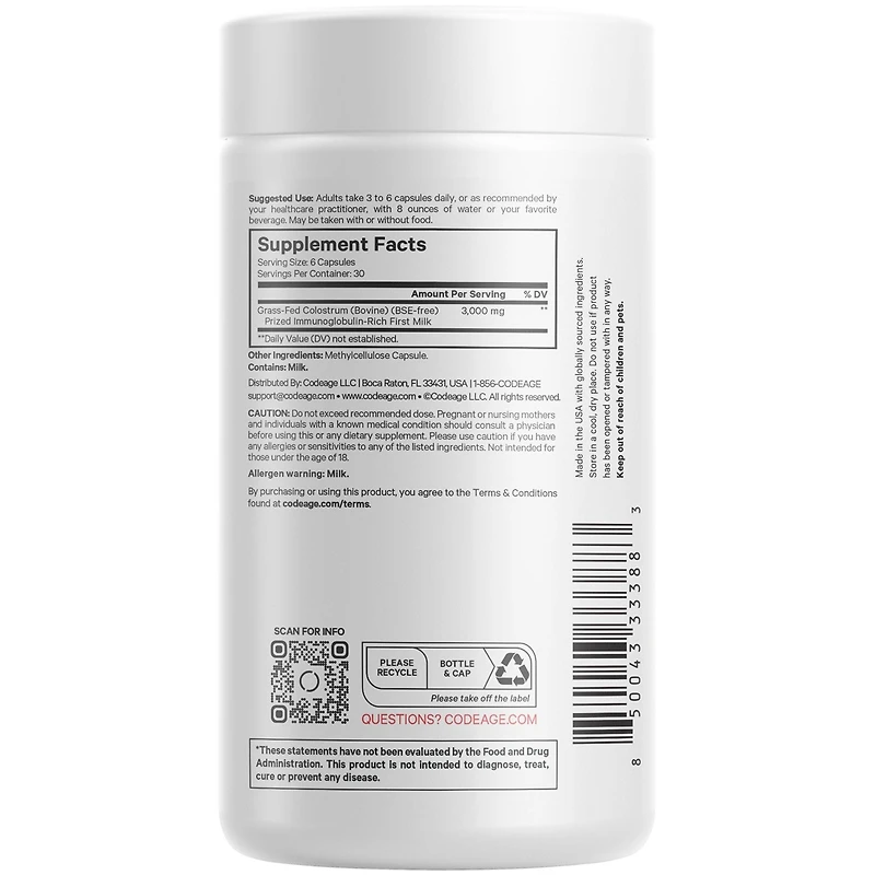 Codeage Colostrum Supplement, Grass-Fed Colostrum - Prized First Milk - Grass-Finished, Freeze-Dried - Cow Colostrum