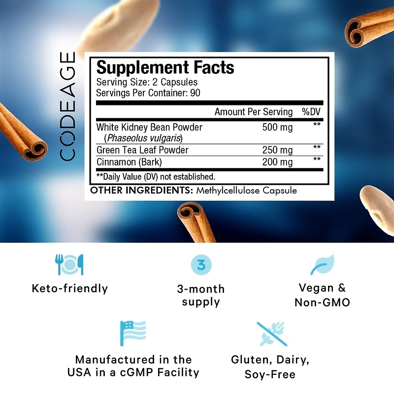 Codeage Keto Carb, White Kidney Bean, Green Tea & Cinnamon Bark Supplement, Triple Action Keto Cheat Pills, Ketogenic, Low Carb Diet Sugar, 3 Months S
