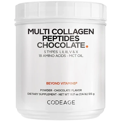 Codeage Multi Collagen Chocolate Protein Powder - Hydrolyzed Bovine Collagen Peptides, 5 Collagen Types & Mct Oil