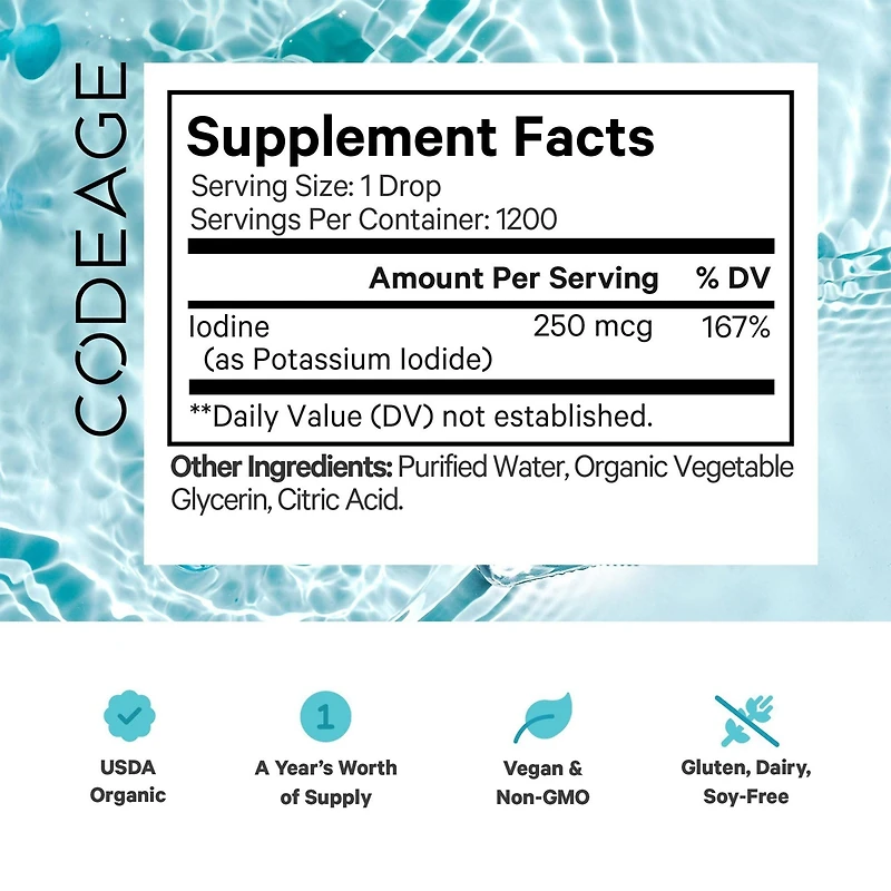 Codeage Usda Organic Iodine Drops – Usda Certified Organic - 250 Mcg Per Serving - 1+ Year Supply - Liquid Iodine Supplement