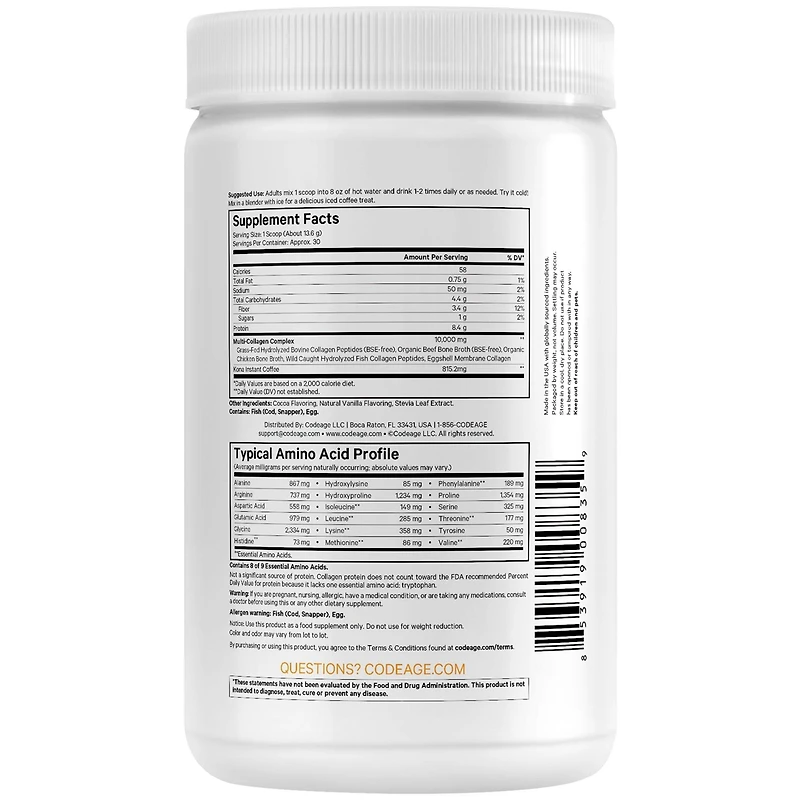 Codeage Multi Collagen Peptides Protein Powder - Chocolate Mocha Instant Coffee - Gourmet Knoa Coffee Drink & Shake