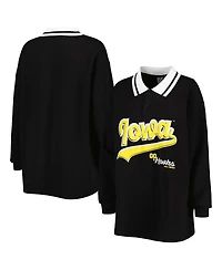 Women's Gameday Couture Black Iowa Hawkeyes Happy Hour Long Sleeve Polo Shirt