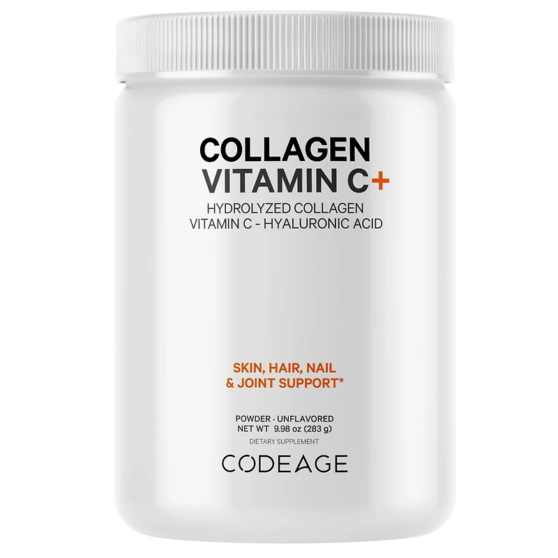 Codeage Collagen Peptides Powder + Vitamin C - 20g Grass-Fed Collagen Per Serving - Digestive Enzymes, Hyaluronic Acid, 18 Amino Acids