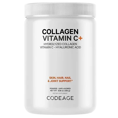Codeage Collagen Peptides Powder + Vitamin C - 20g Grass-Fed Collagen Per Serving - Digestive Enzymes, Hyaluronic Acid, 18 Amino Acids
