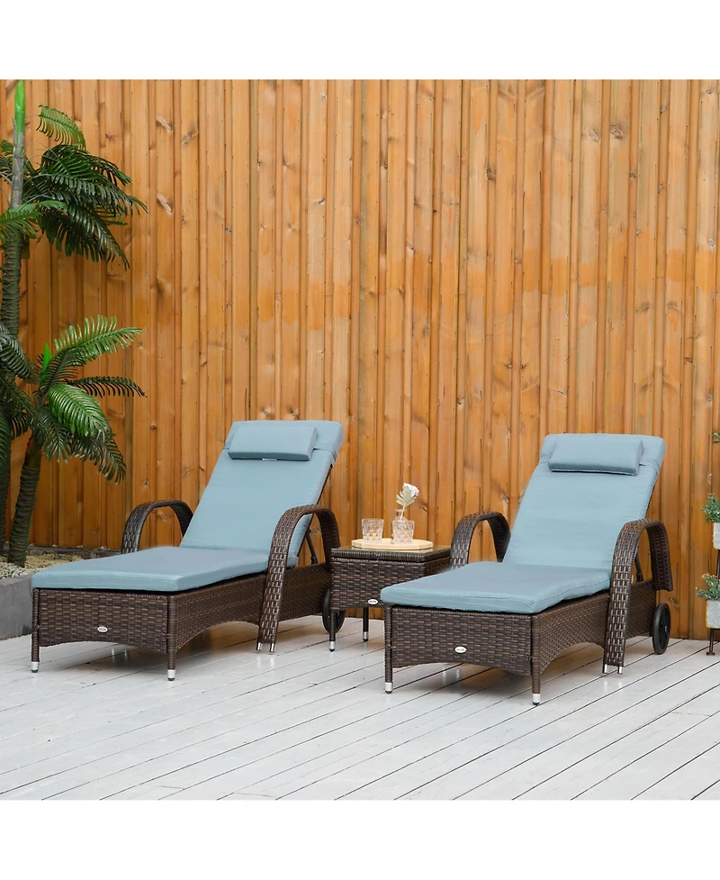 Outsunny 3 Piece Outdoor Furniture Set, 2 Reclining Chaise Lounge Chairs, Rolling Wheels, Armrests, Headrests, Thickly Cushioned, 1 Side Table