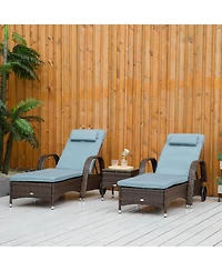 Outsunny 3 Piece Outdoor Furniture Set, 2 Reclining Chaise Lounge Chairs, Rolling Wheels, Armrests, Headrests, Thickly Cushioned, 1 Side Table