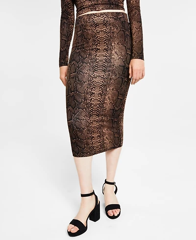 Bar Iii Petite Snake-Print Jersey Pull-On Midi Skirt, Created for Macy's