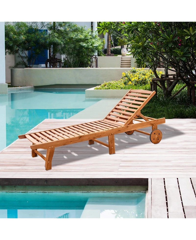 Outsunny Outdoor Folding Chaise Lounge Chair Recliner with Wheels, Acacia Wood Frame - Teak Color