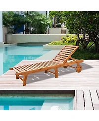 Outsunny Outdoor Folding Chaise Lounge Chair Recliner with Wheels, Acacia Wood Frame - Teak Color