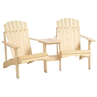 Outsunny Set of 2 Wooden Adirondack Chairs, Outdoor Double Seat with Center Table and Umbrella Hole for Patio, Backyard, Deck, Fire Pit, Natural