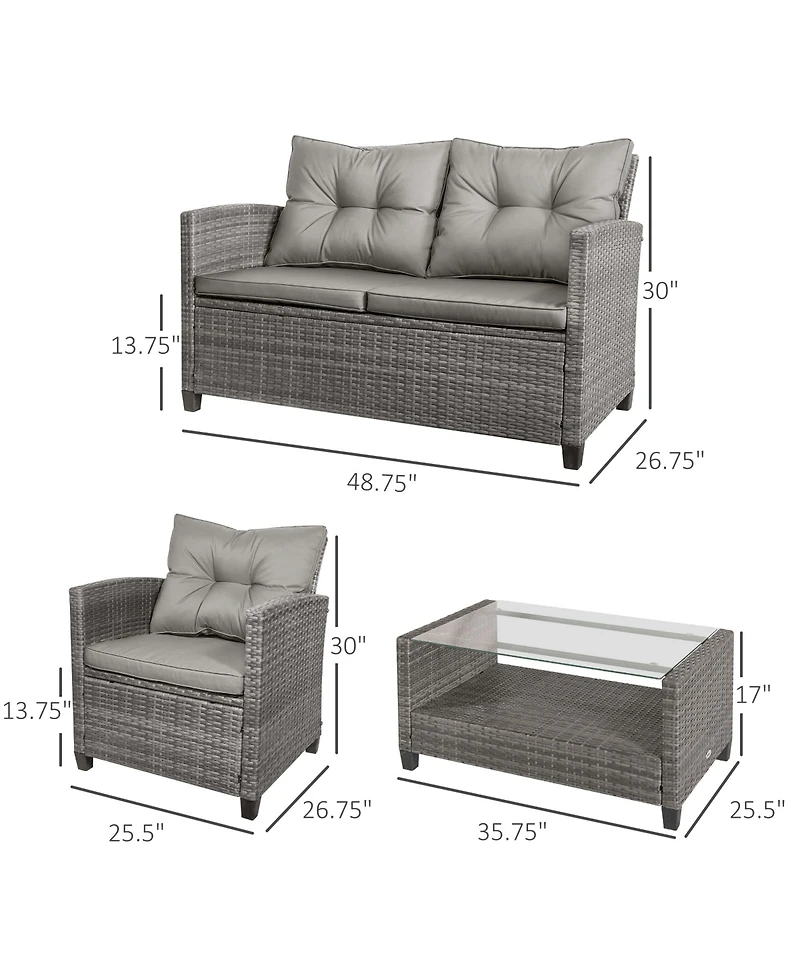 Outsunny 4 Piece Patio Furniture Set, Wicker Loveseat, Chairs & Table,