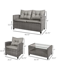 Outsunny 4 Piece Patio Furniture Set, Wicker Loveseat, Chairs & Table,