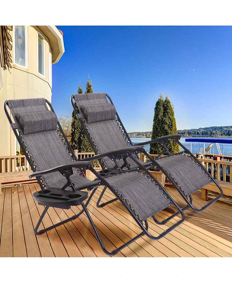 Costway 2PC Folding Zero Gravity Reclining Lounge Chairs Beach Patio W/Utility Tray