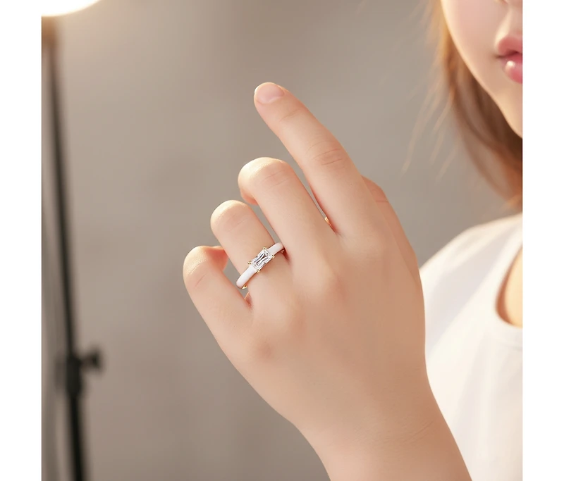 Ra Young Adults/Teens 14k Yellow Gold Plated with Baguette Cubic Zirconia Solitaire White Enamel Slim Stacking Ring