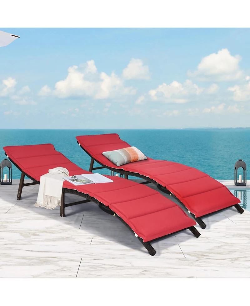 Costway 2PCS Patio Rattan Folding Lounge Chair Stackable Double Sided Cushion Outdoor