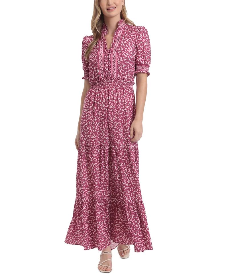 London Times Petite Ruffled-Neck Floral Maxi Dress