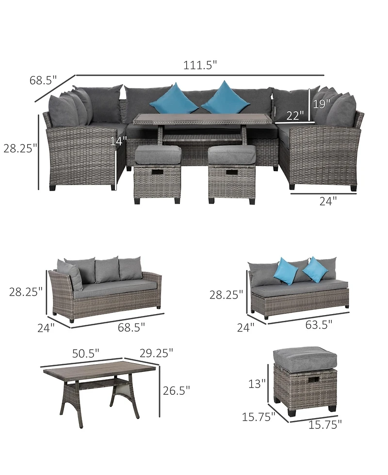 Outsunny Patio Furniture Sectional Sofa w/ Ottomans & Table