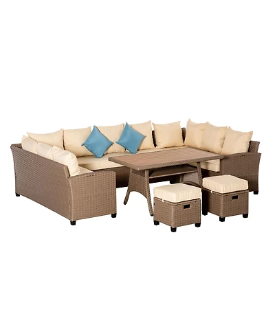 Outsunny Patio Furniture Sectional Sofa w/ Ottomans & Table,