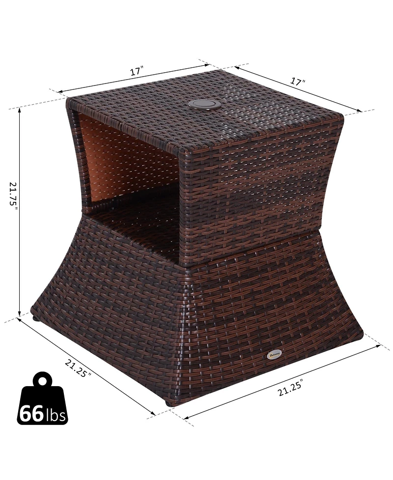Outsunny Rattan Wicker Side Table with Umbrella Hole, 2 Tier Storage Shelf for All Weather for Outdoor, Patio, Garden, Backyard, Mixed Brown