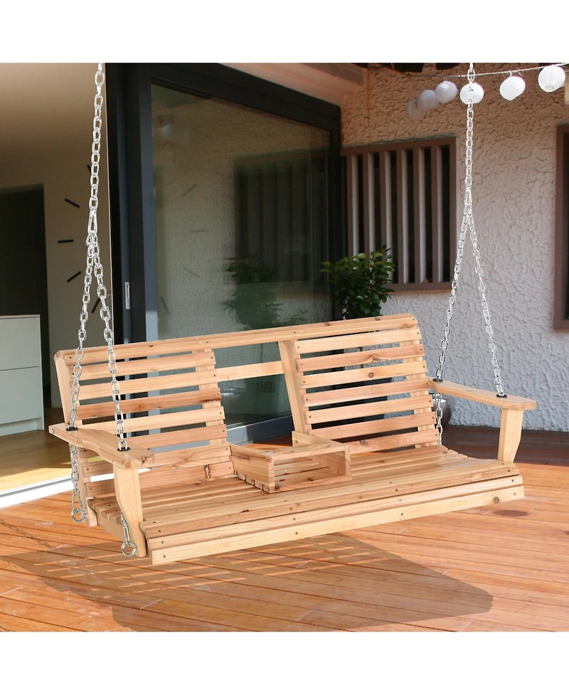 Outsunny 3-Seater Wooden Porch Swing, Patio Swing Bench with Folding Coffee Table, Cup Holders and Chains Included, 440lbs Weight Capacity