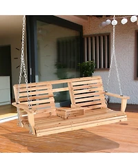 Outsunny 3-Seater Wooden Porch Swing, Patio Swing Bench with Folding Coffee Table, Cup Holders and Chains Included, 440lbs Weight Capacity
