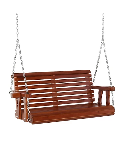 Outsunny Wooden Porch Swing, Hanging Patio Bench, Cup Holder Armrests,