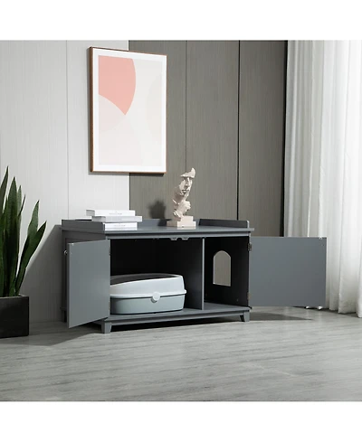 PawHut Cat Litter Box Furniture Hidden Litter Box Enclosure Cabinet Indoor Cat Washroom Double-door Nightstand End Table with Cat Hole Grey