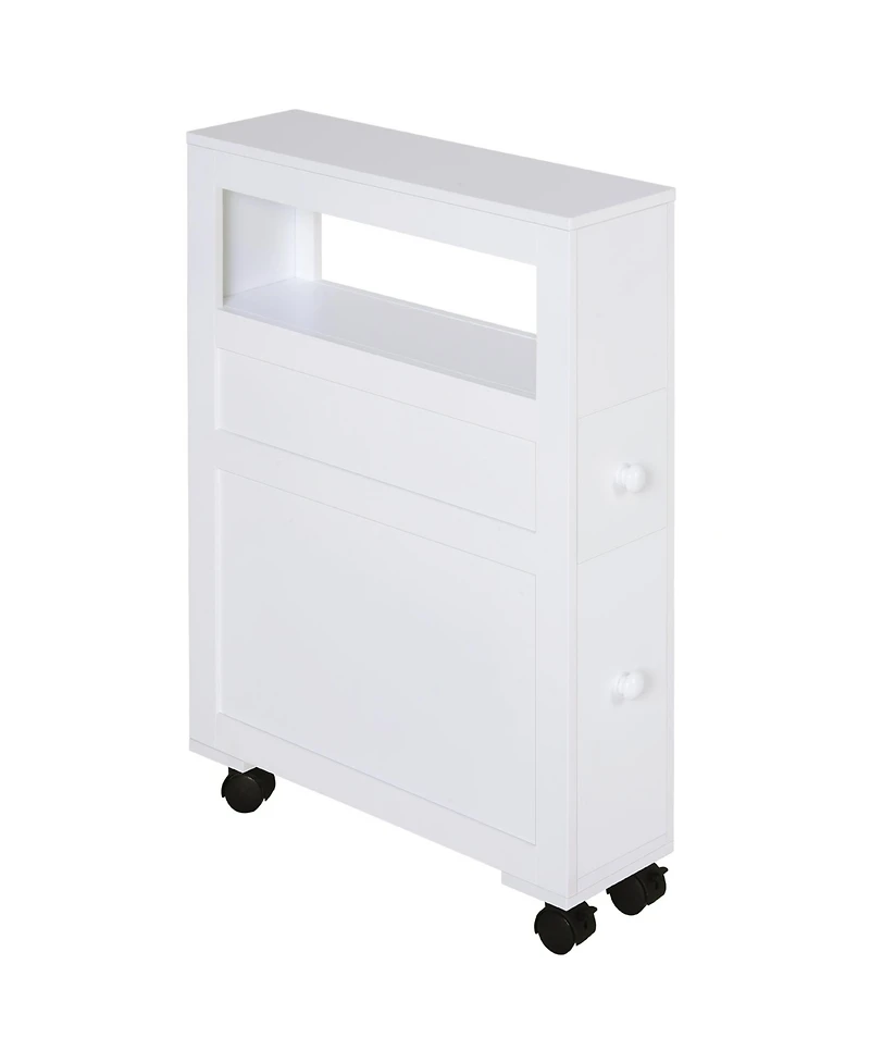 Wood Rolling Slim Narrow Bathroom Floor Side Storage Cabinet