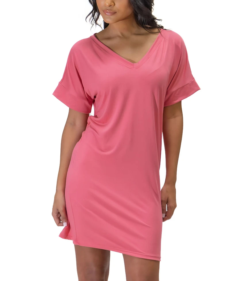 24seven Comfort Apparel Solid Color Loose Fit V Neck T Shirt Style Women's Knee Length Dress