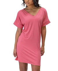 24seven Comfort Apparel Solid Color Loose Fit V Neck T Shirt Style Women's Knee Length Dress