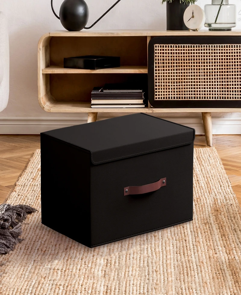 Ornavo Home Pack Foldable Linen Storage Bin with Faux Leather Handles and Lid