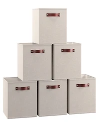 Ornavo Home 6 Pack Linen Fabric Kallax Storage Cube Bin with Faux Leather Handles
