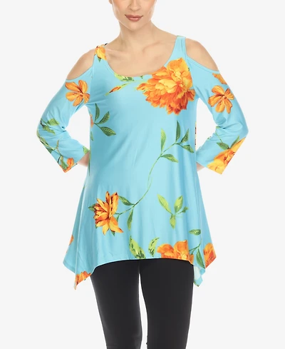 White Mark Women's Floral Printed Cold Shoulder Tunic Top