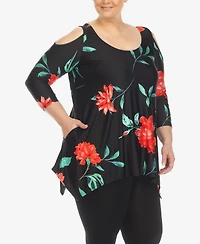 White Mark Plus Floral Printed Cold Shoulder Tunic Top