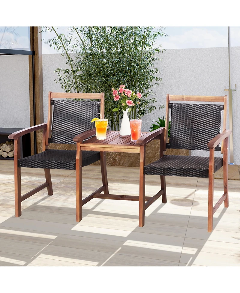2-Seat Patio Rattan Bench Acacia Wood Frame Table W/Umbrella Hole Deck