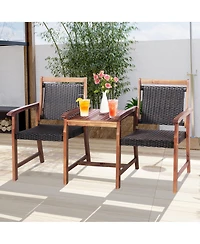 2-Seat Patio Rattan Bench Acacia Wood Frame Table W/Umbrella Hole Deck
